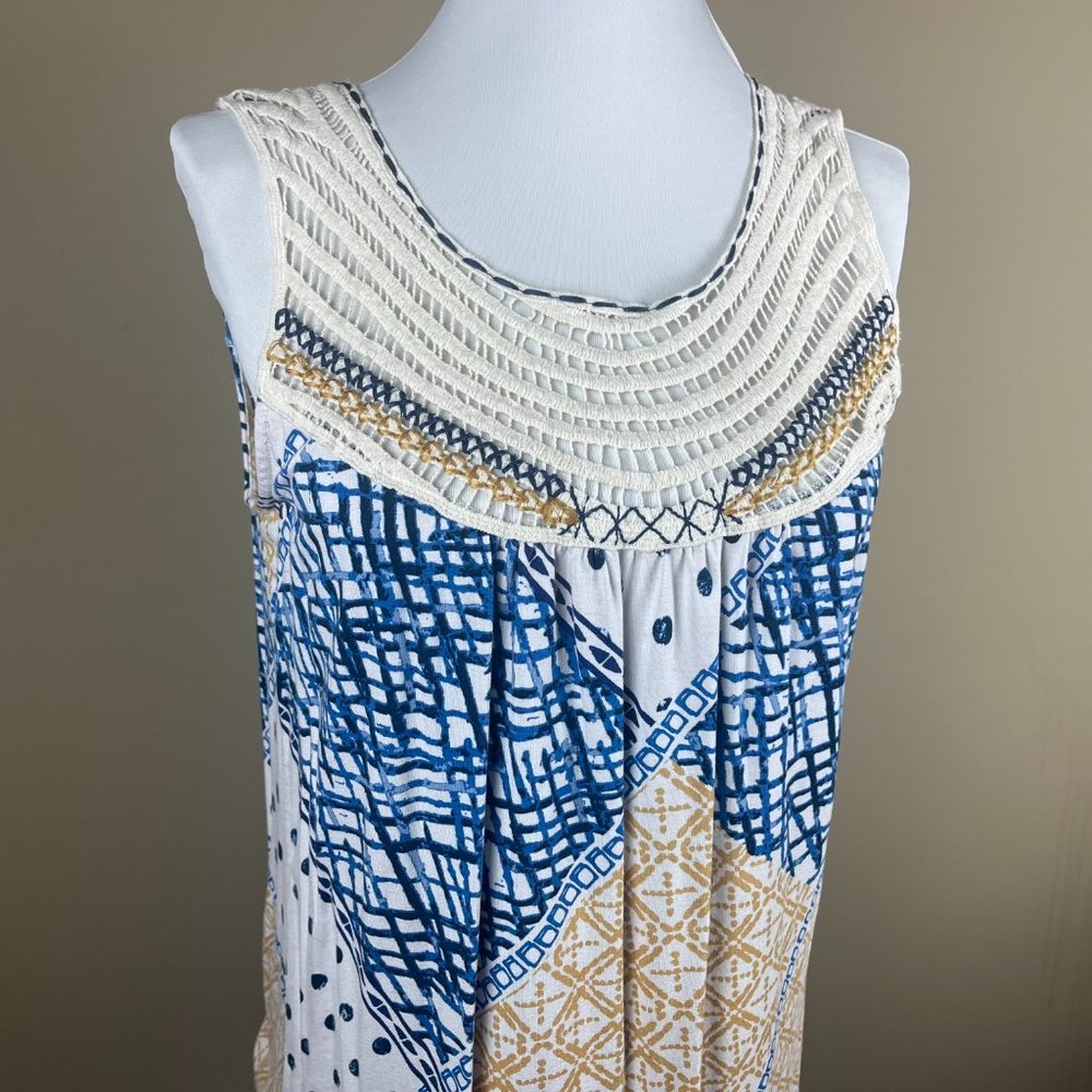Loveappella Sleeveless Top Size S Blue Gold Cream, Geometric Patterns, Lace - Picture 2 of 8